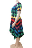 Vestidos tamanho grande multicolor estampa casual patchwork assimétrico decote O linha A