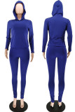 Deep Blue Casual Sportswear Solid Patchwork Huvkrage Långärmad i två delar