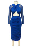 Blue Sexy Solid Hollowed Out Patchwork Pencil Skirt Dresses