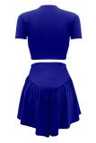 Blue Casual Solid Basic O Neck Short Sleeve Two Pieces