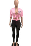 Pink Sexy Letter Print Bandage Patchwork See-through Half Sleeve Two Pieces Front Tie Crop Tops And Skinny Pants Sets