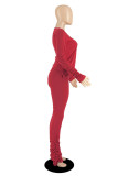 Deep Red Casual Solid Fold O Neck Long Sleeve Two Pieces