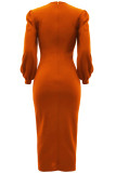 Robes de jupe enveloppante à encolure ronde fendue en patchwork élégantes solides orange