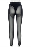 Pantalones de lápiz de cintura alta ajustados transparentes sólidos sexy de moda negro