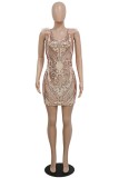 Apricot Sexy Patchwork Sequins Feathers V Neck Sleeveless Dress Dresses