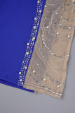 Blaue sexy Patchwork-Hot-Drilling-durchsichtige, rückenfreie Sling-Kleider mit schrägem Kragen