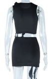 Black Sexy Solid Patchwork O Neck Sleeveless Two Pieces