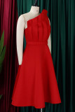 Vestido de noche de cuello oblicuo con pliegues de patchwork sólido elegante rojo Vestidos