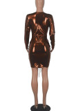 シルバー セクシー ソリッド パッチワーク フォールド V ネック ワンステップ スカート ドレス