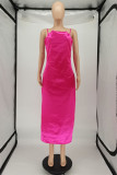 Розово-красное сексуальное повседневное однотонное длинное платье на тонких бретелях с открытой спиной