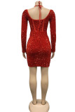 赤いセクシーなパッチワーク包帯スパンコール V ネック長袖ドレス