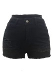 Pantalones cortos de mezclilla ajustados de cintura alta rasgados sólidos casuales negros