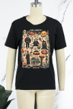 Black Party Vintage Print Skull Patchwork O Neck T-Shirts