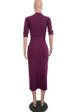 Burgundy Casual Solid Patchwork O Neck Straight Dresses
