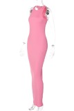 Розовое повседневное однотонное базовое длинное платье с круглым вырезом Платья