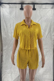 Green Yellow Casual Solid Patchwork Buckle Turndown Collar Short Sleeve Two Pieces