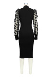 Black Elegant Solid Patchwork See-through Half A Turtleneck Pencil Skirt Dresses