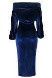 Dark Blue Fashion Sexy Solid backless One word collar Step Skirt Dresses