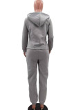 Grey Casual Print Patchwork Zipper Hooded Collar Long Sleeve Two Pieces