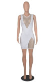 White Fashion Sexy Patchwork Hollowed Out See-through O Neck Sleeveless Dress