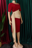 Borgoña casual sólido vendaje patchwork pliegue asimétrico cuello un paso falda vestidos