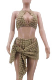 Khaki Sexy Solid Hollowed Out Frenulum Backless Swimsuit Three Piece Set (Without Paddings)