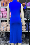 Sky Blue Elegant Solid High Opening Fold Turtleneck Wrapped Skirt Dresses