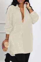 Абрикосовое повседневное лоскутное платье с блестками и воротником-рубашкой Платье-рубашка Платья