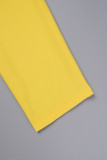 Amarelo casual sólido frênulo plissado com decote em v vestidos de manga comprida