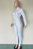 White Fashion street Solid Long Sleeve O Neck Jumpsuits