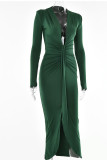 Зеленые сексуальные однотонные лоскутные платья с разрезом и асимметричным V-образным вырезом, юбка в один шаг