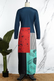 Blau-rote, lässige, bedruckte, langärmlige Patchwork-O-Ausschnitt-Kleider