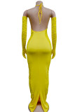 Yellow Sexy Solid Patchwork Fold Halter Pencil Skirt Dresses(Including The Sleeve)