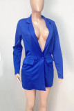Blue Casual Solid Patchwork Buttons Turn-back Collar Straight Rompers