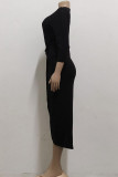 Black Casual Solid Patchwork Asymmetrical O Neck Straight Dresses