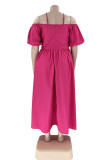 Rose Red Casual Work Elegant Solid Pocket Fold Halter A Line Plus Size Dresses