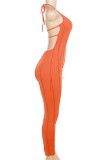Оранжевые сексуальные однотонные облегающие комбинезоны с открытой спиной и лямкой на шее