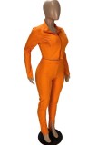 オレンジカジュアルソリッドパッチワークターンダウンカラー長袖ツーピース