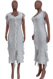 White Casual Solid Tassel Patchwork Straight Dresses (Without Belt)