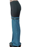 Calças de patchwork convencionais de cintura alta contrastantes azuis casuais