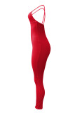 Macacão skinny vermelho sexy casual sem costas com alça de espaguete