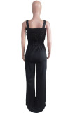 Red Street Solid Patchwork Fold Spaghetti Strap Straight Jumpsuits