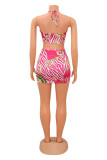 Pink Fashion Sexy Print Bandage Backless Strapless Sleeveless Two Pieces