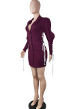 紫のセクシーな固体包帯中空アウト パッチワーク バックル ターン バック カラー ワン ステップ スカート ドレス