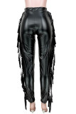 Pantalones pitillo de cintura alta con retazos de borlas sólidas informales negro