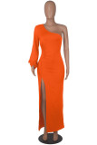 Orange Sexy Formal Solid Backless Slit Oblique Collar Long Sleeve Dresses