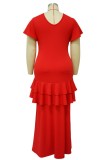Red Casual Solid Slit O Neck Short Sleeve Dress Plus Size Dresses