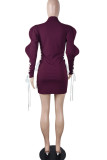 Purple Sexy Solid Bandage Hollowed Out Patchwork Buckle Turn-back Collar One Step Skirt Dresses
