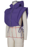 Purple Casual Solid Draw String Mandarin Collar Outerwear