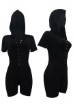 Black Casual Solid Patchwork Buckle Hooded Collar Skinny Rompers